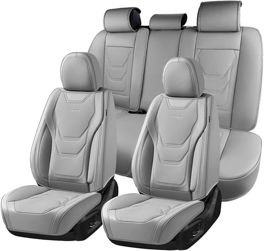 Coverado Car Seat Covers Full Sets, 5 Piece Car Seat Protector Waterproof Leather Seat Cushion Universal Fit for Truck Automotive Vehicles Gray