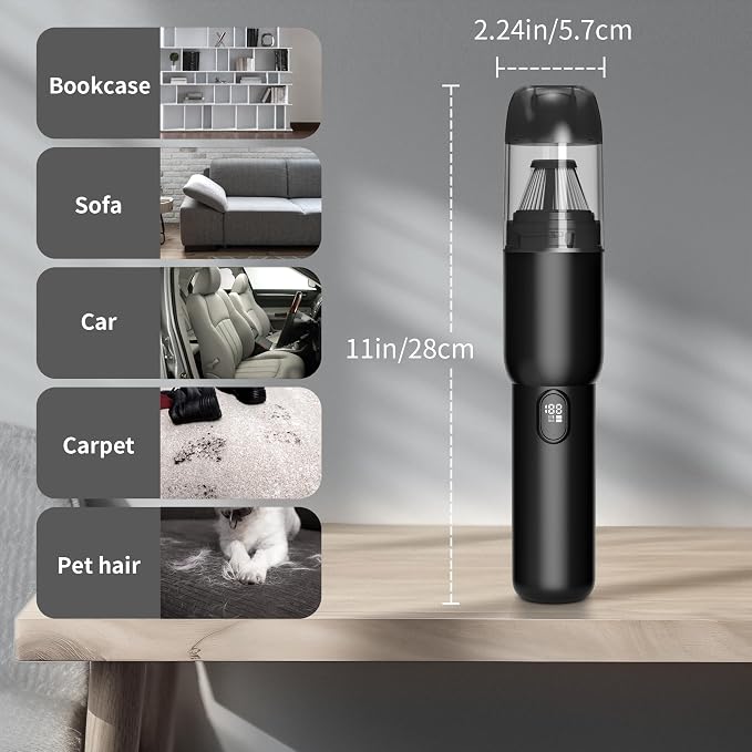 Handheld Car Vacuum Cleaner, Cordless Portable 20KPA Powerful Suction With LED Light, 2-in-1 Air Inflator, Low Noise Rechargeable Mini for Car Home Pet Office