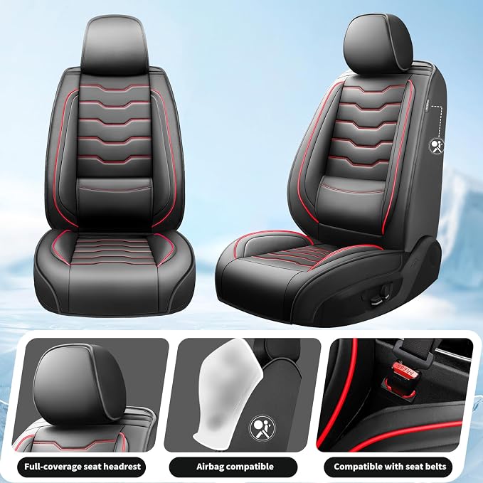 Fit Liberty Car Seat Covers for Jeep Liberty 2002-2011 2012 -Full Set Premium Leather, Waterproof & Breathable，All-Weather Seat Cushion Protecto & Airbag Compatible,2 Front Seat Red Line Black