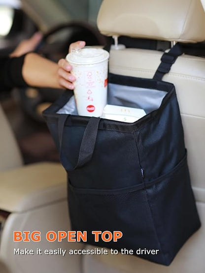 Ginsco New Leak-Proof Travel Car Trash Bag, 3.5 Gallons Large Capacity Hanging Car Trash Can with Hook and Loop Lid and Handle, Multipurpose Trash Bin with Storage Pockets for SUV RV Camping (Black)