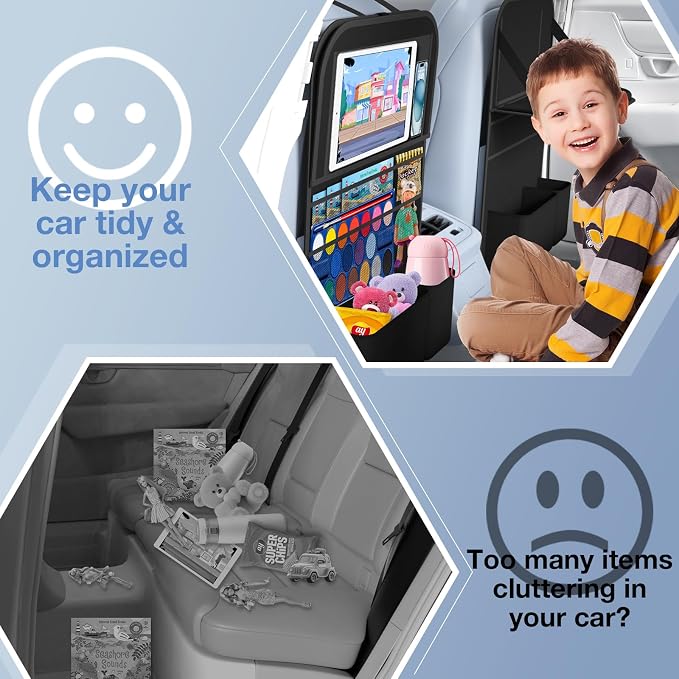 Car Backseat Organizer with table Tray(1Pack) 9 Storage Pockets Backseat Car Organizer with Tablet Holder, Back seat Organizer for Kids Road Trip Essentials Travel