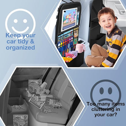 Car Backseat Organizer with Table Tray(2-Pack) 9 Storage Pockets Backseat Car Organizer and storage with Tablet Holder, Kick Mats Back Seat Cover for Kids family Road Trip Essentials Travel