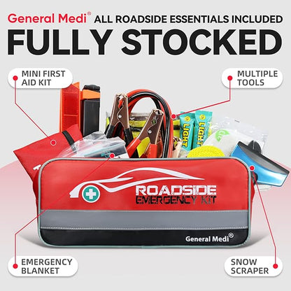 General Medi 127-Pieces Roadside Car Emergency Kit Include Mini First Aid Kit, Jumper Cables,Tow Rope, Bandage, Safety Vest, Emergency Triangle, All in One Pack
