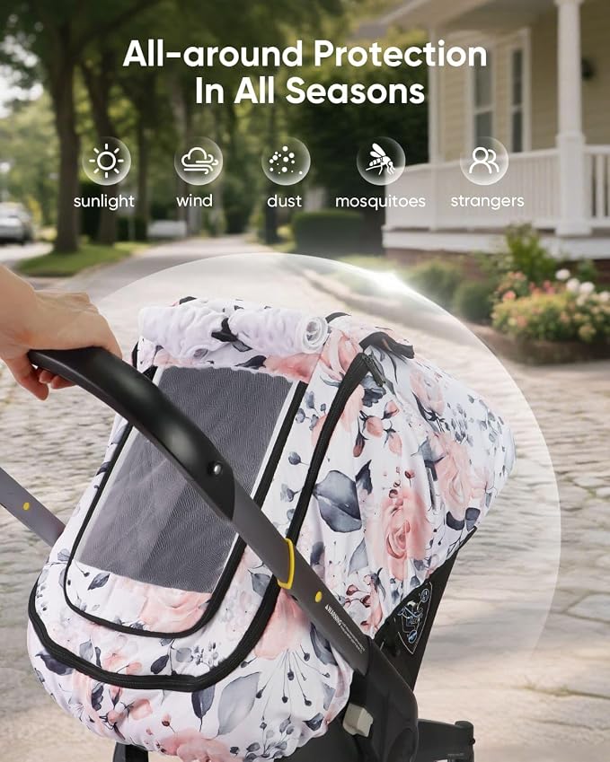 Car Seat Cover Baby Girls, Infant Car Seat Canopy Outdoor, 2 Layers with Mesh and Sun Shade Window for Summer Winter, Easy Access Carseat Covers Snug Fit Baby Stroller - Pink Floral