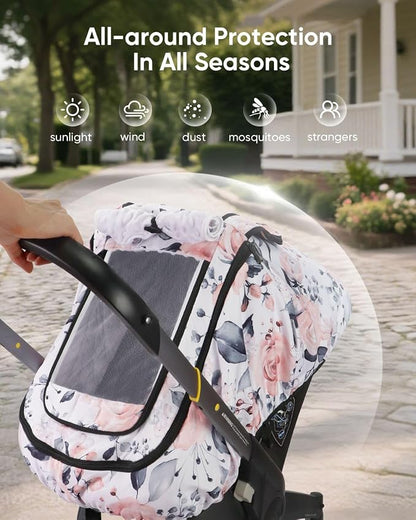 Car Seat Cover Baby Girls, Infant Car Seat Canopy Outdoor, 2 Layers with Mesh and Sun Shade Window for Summer Winter, Easy Access Carseat Covers Snug Fit Baby Stroller - Pink Floral