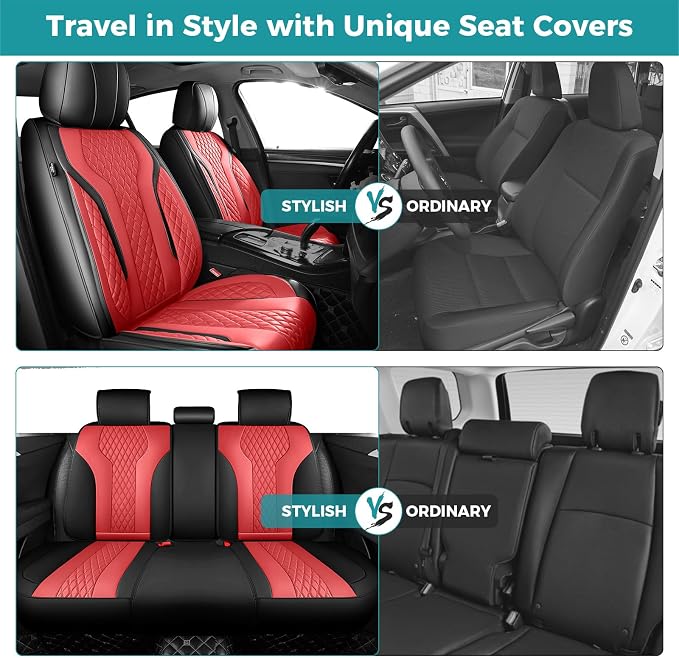 Leather Car Seat Covers Full Set, Breathable Faux Leather Seat Covers for Cars SUV Sedan Waterproof BlackRed