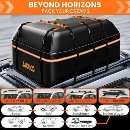 AUXKO 22 Cubic Ft Waterproof Rooftop Cargo Carrier Bag for All Vehicles with/Without Roof Rack, Soft Shell Car Roof Bag with Reflective Strip Includes Anti-Slip Mat, 6 Door Hooks & Combination Lock