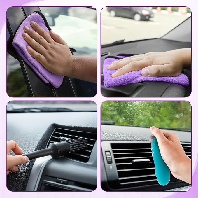 16 Pcs Windshield Cleaner Tool, Car Cleaning Kit with Various Detailing Brushes Set Spray Bottle Cleaner Towel Cleaning Gel Accessories Car Interior Detailing Kit for Windows Vents(Purple)