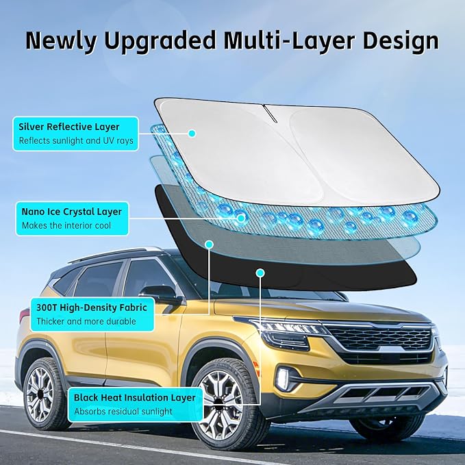 Windshield Sun Shade for Kia Seltos 2021-2026 Sunshade 300T Windshield Cover Shield Protector Blocks UV Rays Custom Fit Seltos Front Window Shades Windshield Accessories Keep Cool Foldable