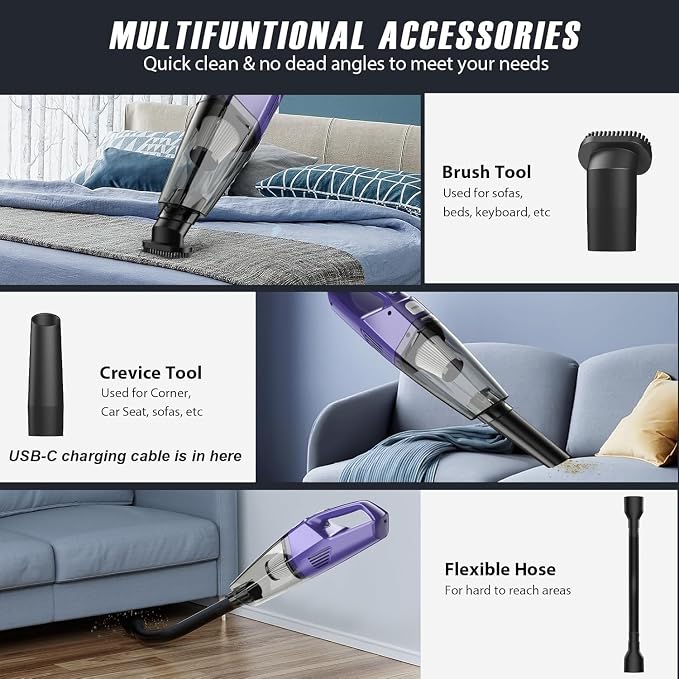 Bossdan Handheld Vacuum Cordless – Car Vac Portable with 8KPA & Multi Accessories & Low Noise, Lightweight Hand Held Vacuum Cordless Rechargeable for Car/Home/Dust/Pet Hair, Mine Portable Vacuum