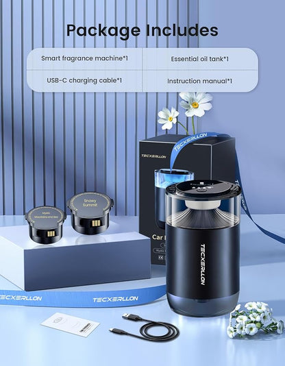 TECXERLLON Smart Car Air Freshener Diffuser with Ambient Light, Oil Level Indicator, 2 Scent Refills, Auto On/Off, 4 Mist Modes, 1600 Sprays Rechargeable Aroma Diffuser for Car, Home, Office, Bedroom