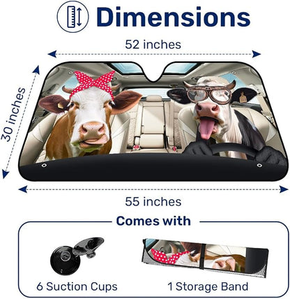 GENANY Cute Cow Couple Funny Windshield Sun Shade for Car SUV Truck (55x30 Inches), Sun Shade Windshield, Shades for Windows, Protector Blocks UV, Spring Car Decor