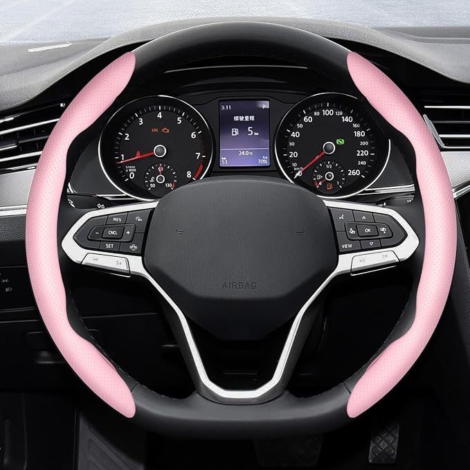2-Piece Steering Wheel Cover, Carbon Fiber Segmented Steering Wheel Protector, Universal and Anti-Slip Durable Car Leather Protective Cover, Car Interior Accessories for Women and Men (Pink)