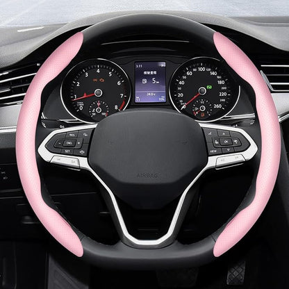 2-Piece Steering Wheel Cover, Carbon Fiber Segmented Steering Wheel Protector, Universal and Anti-Slip Durable Car Leather Protective Cover, Car Interior Accessories for Women and Men (Pink)