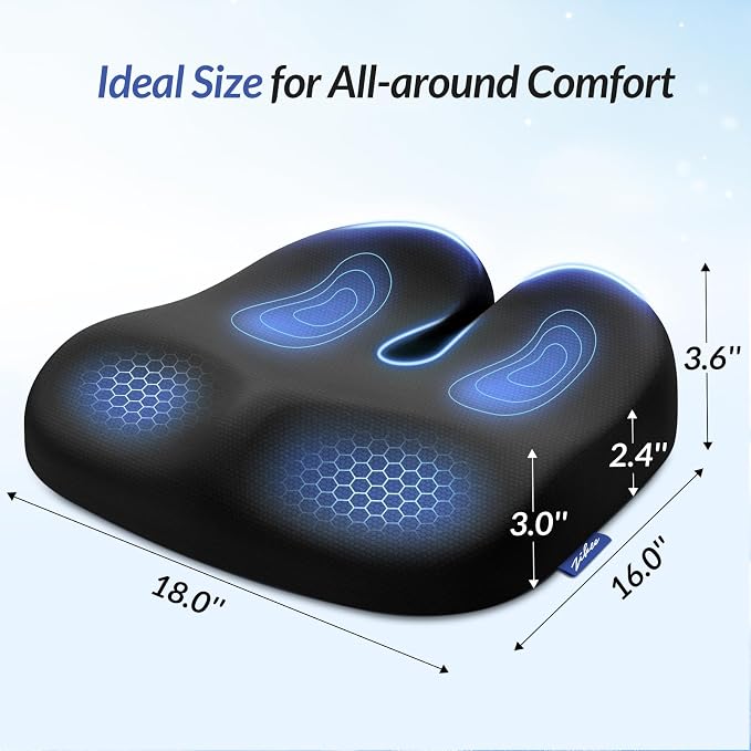 ZIKEE Ergonomic Seat Cushion with Thigh Slope for Long Sitting, Memory Foam Office Chair Cushion for Car, Home, U-Shaped Design Relieves Hip, Tailbone Pain, Non-Slip Sciatica Pain Relief Pillow