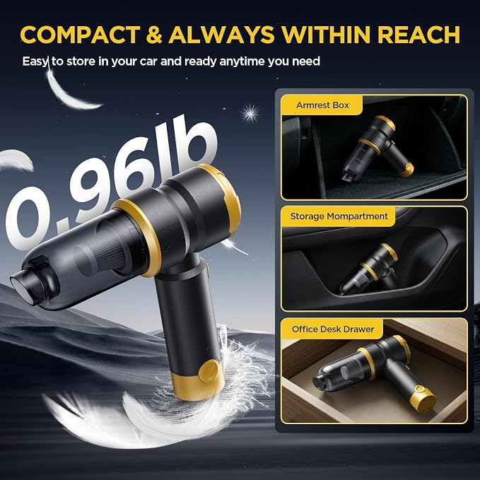 Handheld Car Vacuum Cleaner, 4-in-1 Cordless Rechargeable Mini Vacuum with Air Duster – Quickly Clean Crumbs, Pet Hair & Crevices in Car, Office, Home. Ideal for Commuters & Office Workers (Gold)
