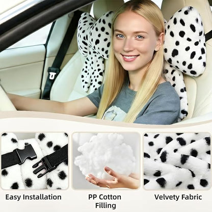 Sexysamba 2 Pcs Plush Bow Car Headrest Neck Pillow Cute Bow Pillow for Car Seat Décor Soft Neck Support for Comfortable Driving Traveling Office Fluffy Head Rest Cushion, Black Spot