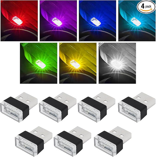 Yourkar 4 PCS USB LED Car Interior Atmosphere Lamp, Plug-in USB Interface Trunk Ambient Lighting Kit, Night Led Decoration Mini USB Light, Universal Interior Car Accessories (7 PCS, Multi-Color)