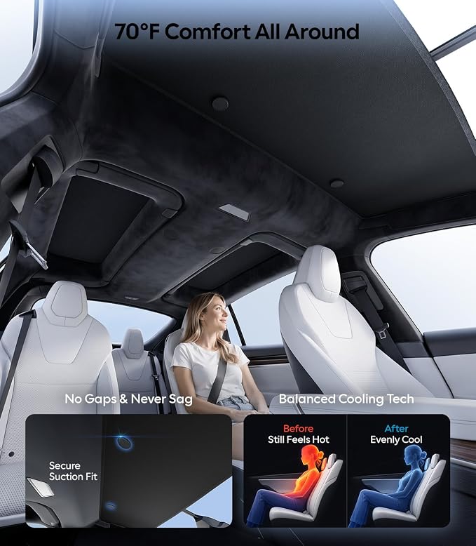 Wigoo Upgrade Tesla Model X Sunshade Roof [Never Sag, Nano Ice-Crystal Coatings] 3-Gen Heat Insulation Glass Roof Sun Shade, Accessories for Tesla Model X 2020~2025, Black