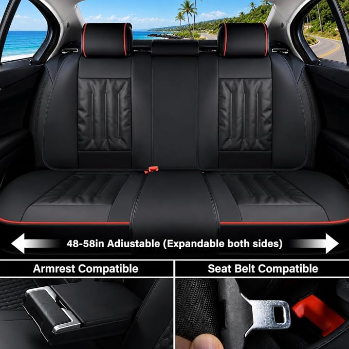 Coverado Car Seat Covers, Full Set Seat Covers for Cars 5 Seats, Car Seat Protector, Waterproof Nappa Leather Car Seat Cushion, Universal Fit for Most Cars, Black&Red Line