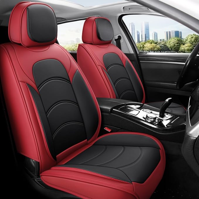 otoez Car Seat Covers Full Set, 5 Seats Waterproof Universal Leather Seat Cover for Cars, Front Rear Automotive Interior Protectors Full Coverage for Most Cars Sedens Trucks SUVs, Black+Red