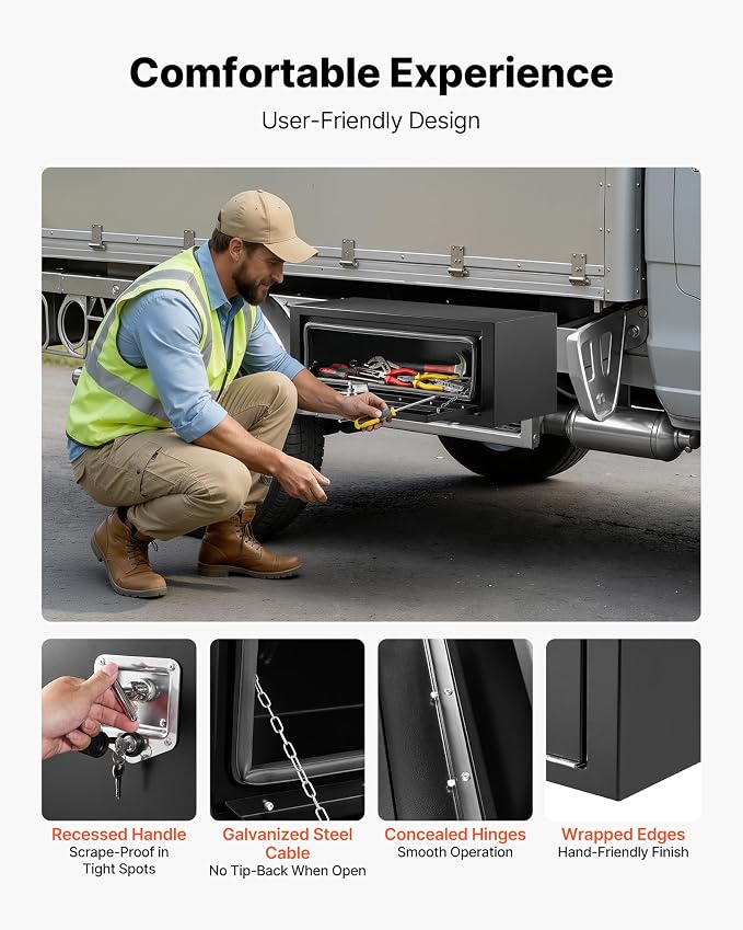 VEVOR Underbody Truck Tool Box, 27 x 10 x 10 Inch Heavy Duty Steel Trailer Storage Box with Lock & Keys, Waterproof Trailer Storage Organizer Under Body Chest with T-Handle for Truck, Van, SUV, Black