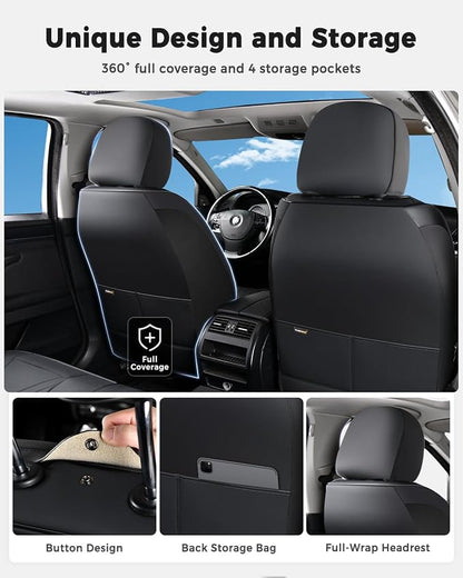 Huidasource Front Seat Covers, Universal Fit for Most Cars SUV Trucks, Full Coverage Nappa Leather Seat Cover, Airbag, Velcro Adjustable, Storage Pocket Design, Seat Function Retain, Black