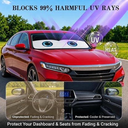 Car Windshield Sun Shade, Funny Cartoon Eyes Car Sun Shade, UV Heat Protection Windshield Cover Universal Fits Mid-Large Sedan SUV Crossover Family Vehicle - 63 x 31.5