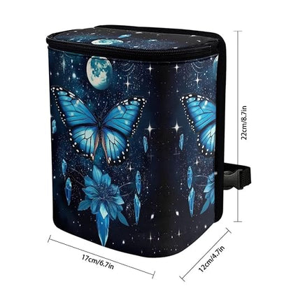 Butterfly Floral and Moon Pattern Car Trash Can with Lid and Zipper Portable Foldable Trash Bin for Car Interior Accessories Multipurpose Garbage Can Bags Storage Organizer