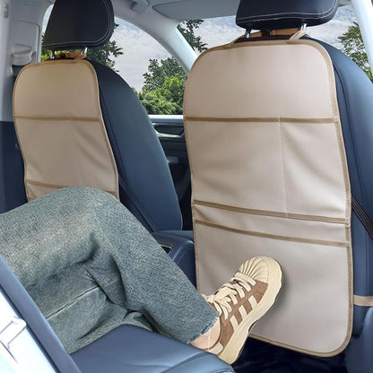 Kick Mat Back Seat Protector Waterproof Leather Car Seat Back Organizers Cover with 3 Storage Pockets for Kids Pets SUV Sedan Minivan Truck Car Travel Accessories (Beige 2-Pack)