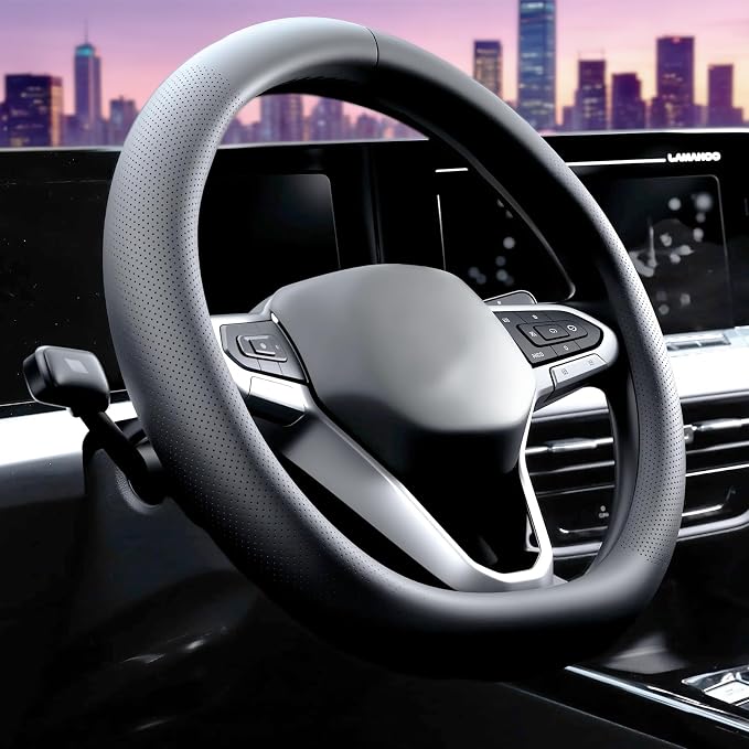 Leather Car Steering Wheel Cover, Premium Nappa Leather with Anti-Slip Lining, Universal 15 Inch, Fits SUVs, Vans, Sedans, Trucks
