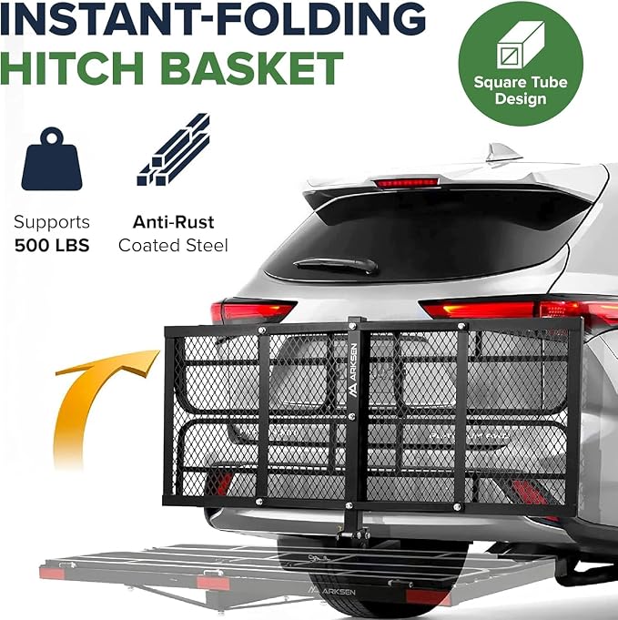 ARKSEN 60" x 25" x 14" Folding Cargo Basket, Cargo Rack Carrier 500 Lbs Heavy Duty Capacity 2 Inch Receiver Luggage Basket Hitch Fold Up for SUV Pickup Camping Traveling