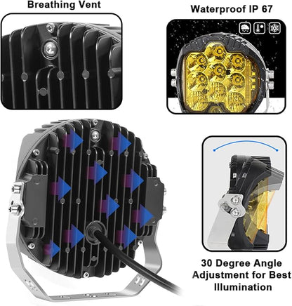 Gzminjie 7 inch 90W Amber Yellow LED Driving Light Compatible with Wrangler Off Road Vehicle ATV UTV Golf cart Lighting Trucks Pickup f150 Work Light, Pack of 1