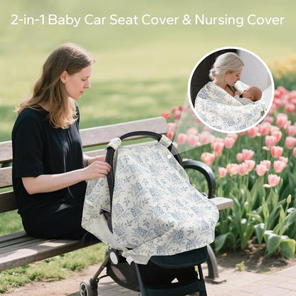 SERAPHY 2-in-1 Muslin Baby Car Seat Cover & Nursing Cover, Soft Lightweight Breastfeeding Cover for Boys and Girls,Breathable Canopy for Infant Carseat & Stroller for Summer—Blueberrie