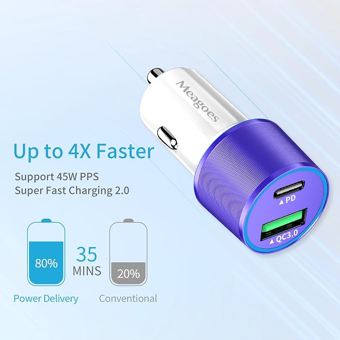 67.5W Purple Car Charger USB C Super Fast Charging, 45W USBC&QC3.0 Port Plug for iPhone 17 Pro Max/Air/16/15/iPad, Samsung S26 Android Cell Phone, Dual 12V Cigarette Lighter Adapter+3.3ft Type C Cable
