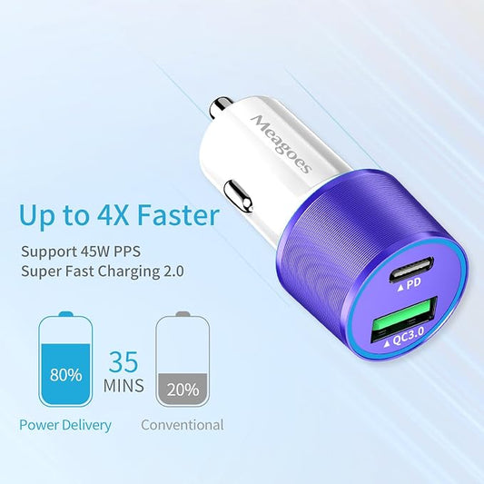 67.5W Purple Car Charger USB C Super Fast Charging, 45W USBC&QC3.0 Port Plug for iPhone 17 Pro Max/Air/16/15/iPad, Samsung S26 Android Cell Phone, Dual 12V Cigarette Lighter Adapter+3.3ft Type C Cable