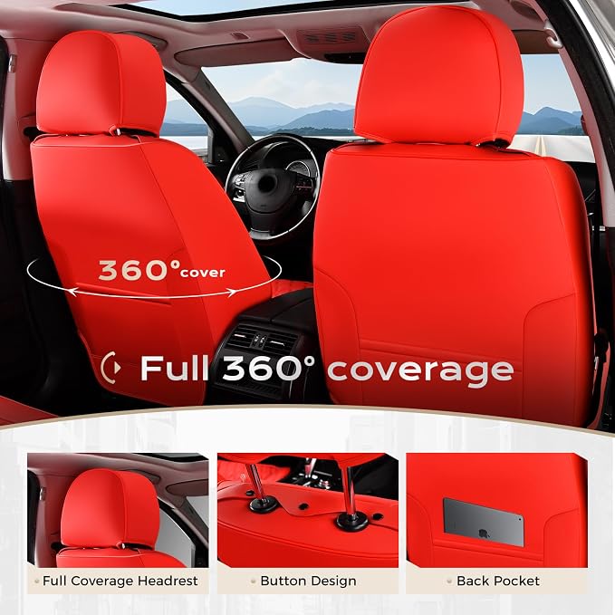 Coverado Front Seat Covers, Waterproof Nappa Leather Stain-Resistant Protectors, Universal Fit for Sedans, SUVs, Trucks, Automotive Car Seat Covers, Waterproof Seat Cushions – Red