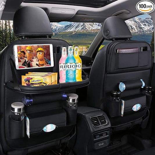 Premium PU Leather Backseat Seat Organizer with Foldable Table, Multi-Storage Pockets and Adjustable Buckle Strap for Automobiles