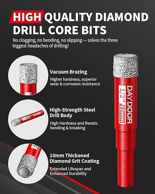 DAYDOOR Dry Diamond Drill Bits Set, 3/16" 1/4" 5/16" 3/8" 1/2" Diamond Hole Saw Kit for Porcelain Tile Ceramic Glass Marble Granite, Tile Drill Bits with Cooling Wax, Round Shank (12-Piece)