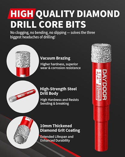 DAYDOOR Dry Diamond Drill Bits Set, 3/16" 1/4" 5/16" 3/8" 1/2" Diamond Hole Saw Kit for Porcelain Tile Ceramic Glass Marble Granite, Tile Drill Bits with Cooling Wax, Round Shank (12-Piece)