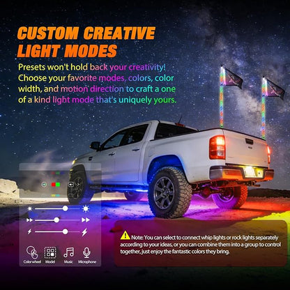 Nilight 2PCS 4FT RGB LED Whip Light and 6 PCS Rock Lights Combo Remote App Control w/DIY Chasing Patterns Stop Turn Reverse Modes Safety Antenna Whips for ATV UTV Polaris RZR Can-am Dune Buggy Jeep