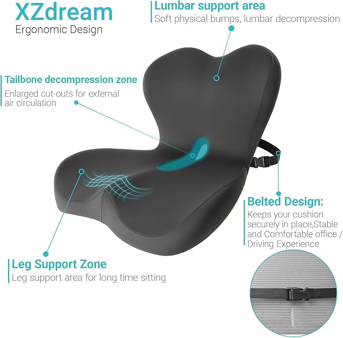 Memory Foam Seat Cushion,Office Chair Cushion with Lumbar Support for Back Pressure Relief, Car Seat Cushion with Adjustable Strap,Sciatica Pad Cushions for Car,Truck, Desk