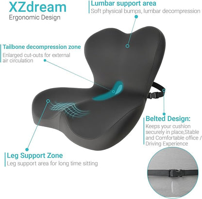 Memory Foam Seat Cushion,Office Chair Cushion with Lumbar Support for Back Pressure Relief, Car Seat Cushion with Adjustable Strap,Sciatica Pad Cushions for Car,Truck, Desk
