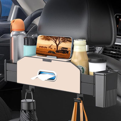 Back Seat Car Organizer,5 in 1 Multifunctional Car Back Seat Storage Box with Trash Can Drink Cup Holder Tissue Box, for Hold Phone,Snacks, Drinks, Handbag-Beige