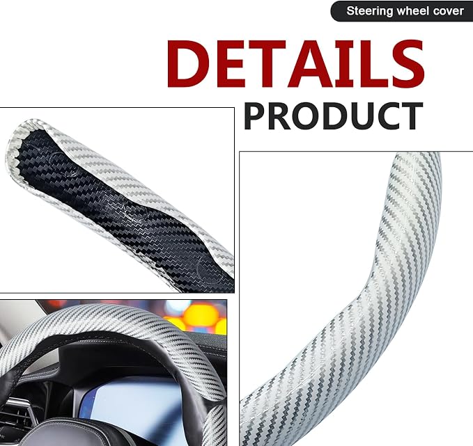 3pcs Universal Carbon Fiber Steering Wheel Cover - Anti-Slip & Segmented Design, Universal 99% Durable Steering Wheel Protector for Men and Women, Car Interior Accessory (White)