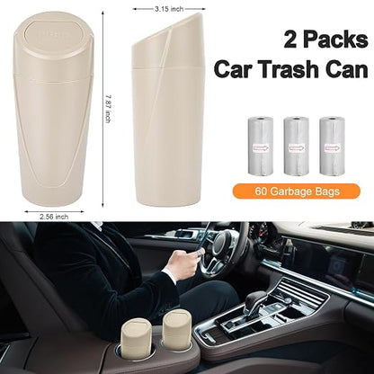 Car Trash Can, 2 Packs Mini Car Garbage Can Cup Holder with Lid | Leakproof Car Trash Bin with 60 Trash Bags, Vehicle Front Back Seat Organizers and Storage for Car, Home, Office, Beige