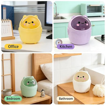 Mini Trash Can, Cute Small Trash Can with Lid, Desktop Paper Bin with 5 Rolls of Bin Liners, Portable Tabletop Dustbin, Cartoon Animal Rubbish Storage for Office Bedroom Desk Kitchen(Yellow)