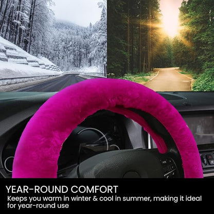 Andalus Brands Luxury Fluffy Car Steering Wheel Covers – Genuine Merino Sheepskin, Soft Fuzzy Car Steering Wheel Cover for Women, Universal 14.5-15" Size, Plush Fur Cute Auto Accessories, Hot Pink