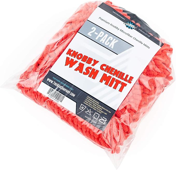 The Rag Company - Premium Chenille Microfiber Knobby Wash Mitts - Perfect for Car Washing and Detailing; Scratch-Free, Lint-Free, Double-Sided, Plush, and Absorbent; Red (2-Pack)