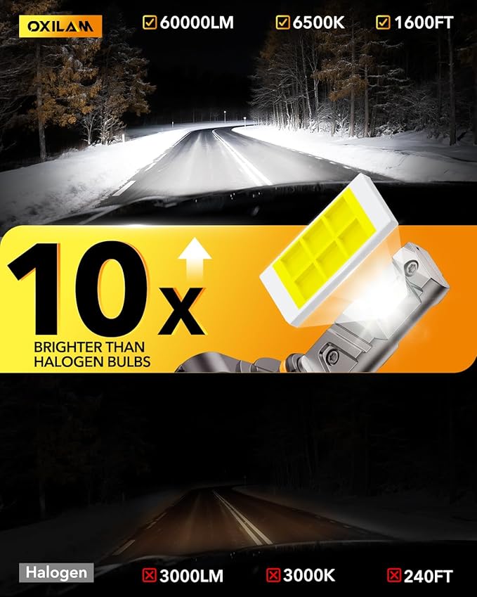 OXILAM H11 9005 LED Light Bulb Combo, 1000% Brighter 6500K White, Anti-Flicker, 20 Years Lifespan, Plug and Play, IP68, 9005 H11 Compatible with Cars Trucks SUVs, Pack of 4